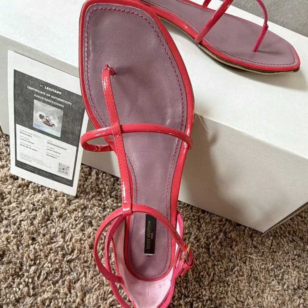 Louis Vuitton Pink Patent Leather Strappy Thong Ankle Strap Flat Sandals 37 COA
